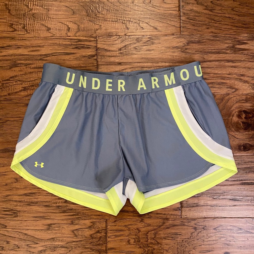 Under Armour HeatGear Grey Neon Yellow Loose Fit Athletic Shorts Womens XL